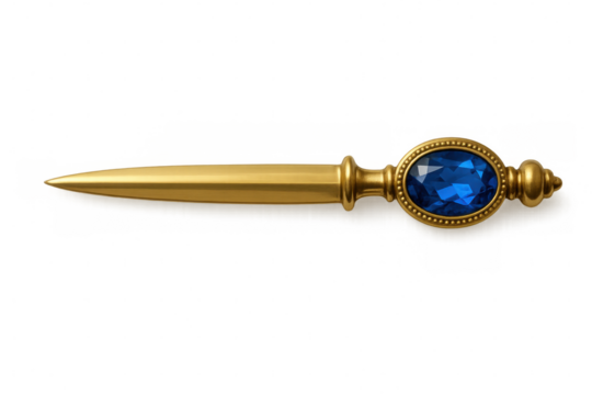 Luxurious golden letter opener with oversized blue gemstone, gleaming against transparent background for sophisticated design projects - Powered by Adobe