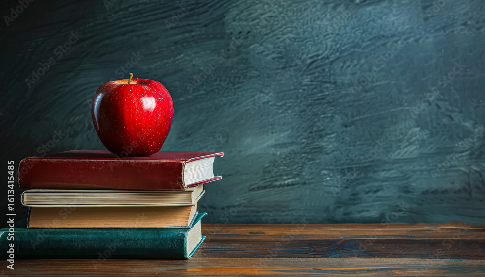 Poster red apple sits on top of three books. the apple is the only object on the table, and it is the cente