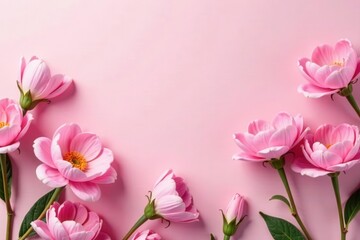 Fototapeta premium Delicate pink blooms arranged on a pastel pink backdrop Festive spring floral composition , mothers day, petals