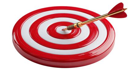 3D red and white bullseye target with arrow hitting center, background isolated on a Transparent background, PNG file.