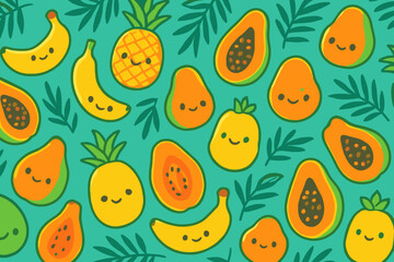 Cute cartoon bananas, papayas, and pineapples create a cheerful tropical fruit pattern, perfect for summer designs and playful branding.