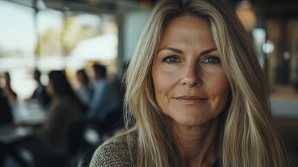 Workshop participants professional blonde woman facilitator training session modern office environment natural lighting business meeting