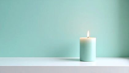 Minimal Pastel Mint Ledge with Single Candle and Soft Glow Against Clean Plaster Wall