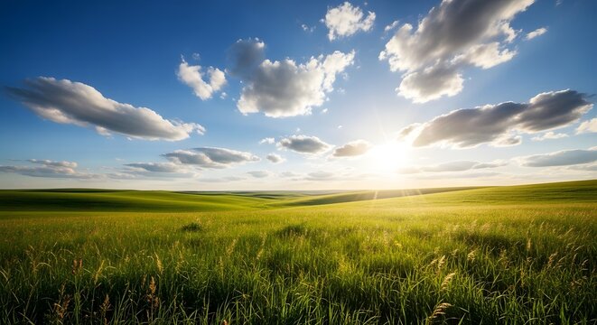 Rolling green hills under a bright blue sky with sun and clouds