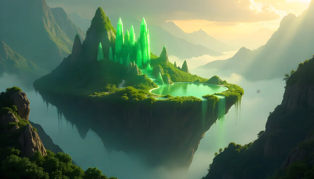 A Vibrant Floating Landmass Featuring Glowing Emerald Formations and a Tranquil Waterfall Amidst Misty Mountains.