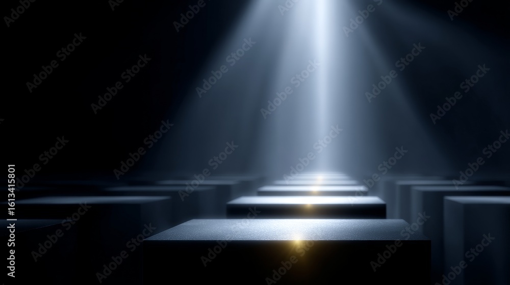 Poster mysterious light beams illuminate shadowy blocks. this image evokes a sense of depth and intrigue. p