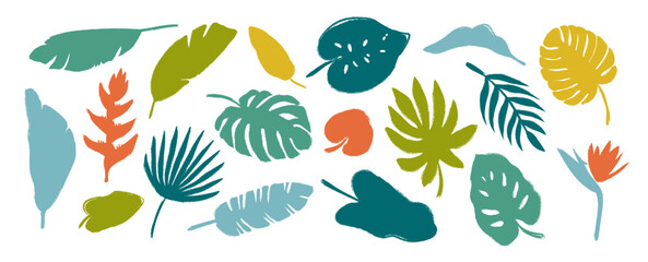 Set summer tropical leaves with crayon texture effect in childish art style. Isolated abstract silhouettes on white background. Rough edges. Trendy vector templates for your design