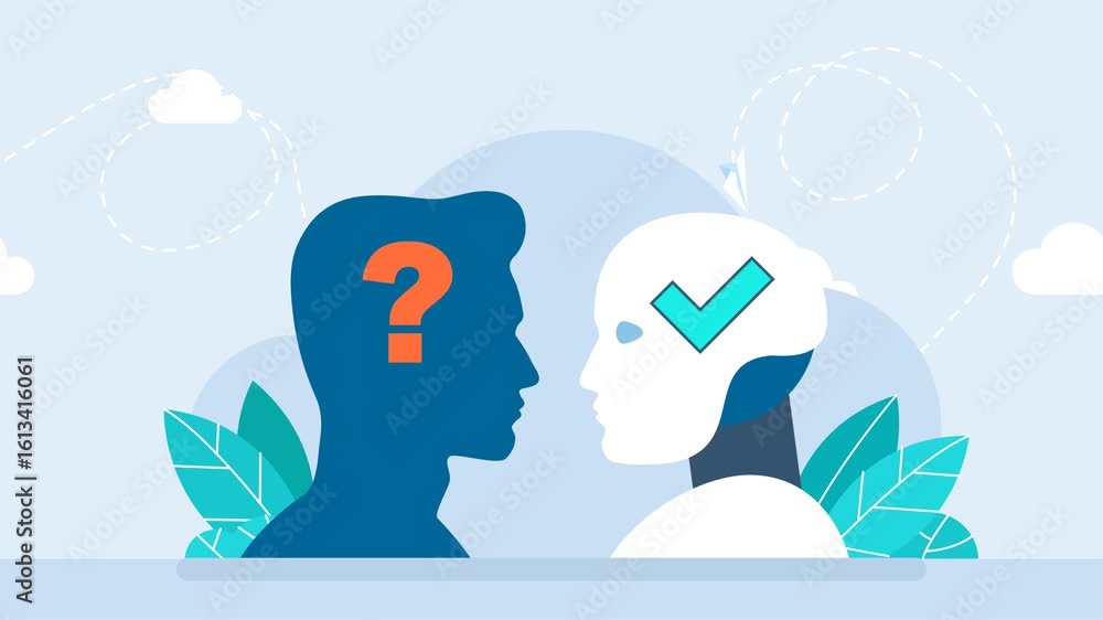Poster artificial intelligence vs human in thinking work process. robot and man. ai vs human mind, question