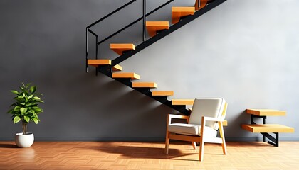 Modern Staircase Interior Design with Wooden Steps and Chair
