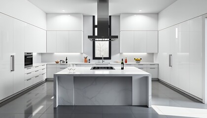 Modern White Kitchen Design with Island and Stainless Steel Hood