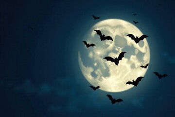 Silhouette of many bats in flight against a moonlit sky, darkness, decoration, graphics