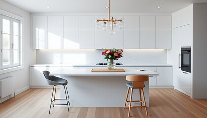 Modern White Kitchen Interior Design with Island and Floral Arrangement