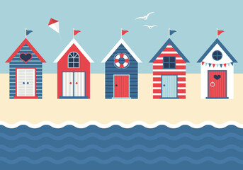 Seafront with nautical beach huts vectors in a row