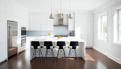 Modern White Kitchen with Island and Bar Stools Interior Design