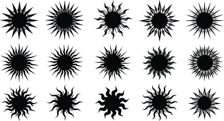 Black sun icons set, tribal sunburst symbols, abstract solar shapes, vintage sun silhouettes, decorative celestial vector elements, isolated designs