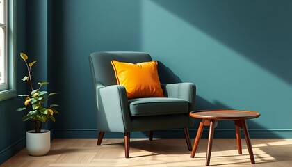 Cozy Armchair with Orange Pillow and Wooden Table in Modern Room Interior