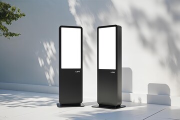 A pair of modern black digital signage totems with blank white screens. Outdoor minimalist setting for advertising mockups and presentations.