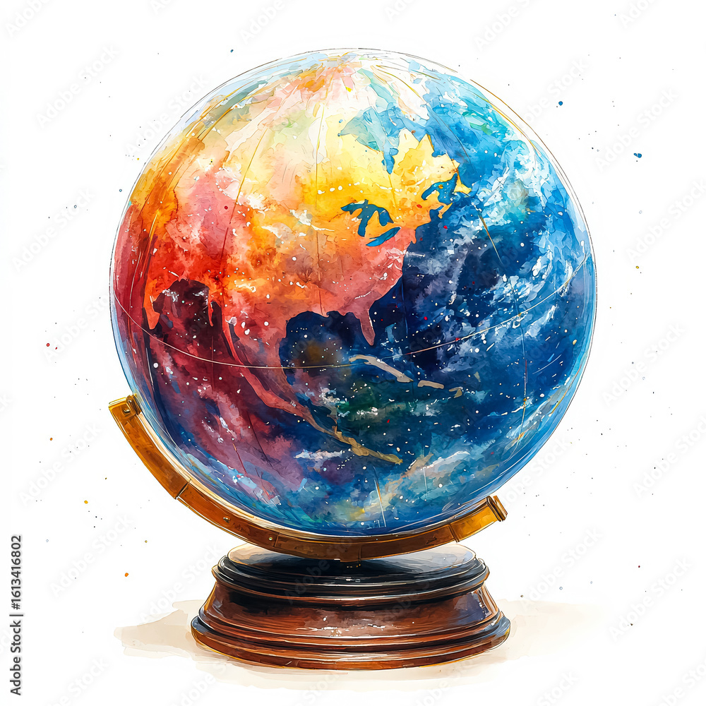 Poster globe with a wooden base and a blue and red color scheme. the globe is painted and has a unique desi