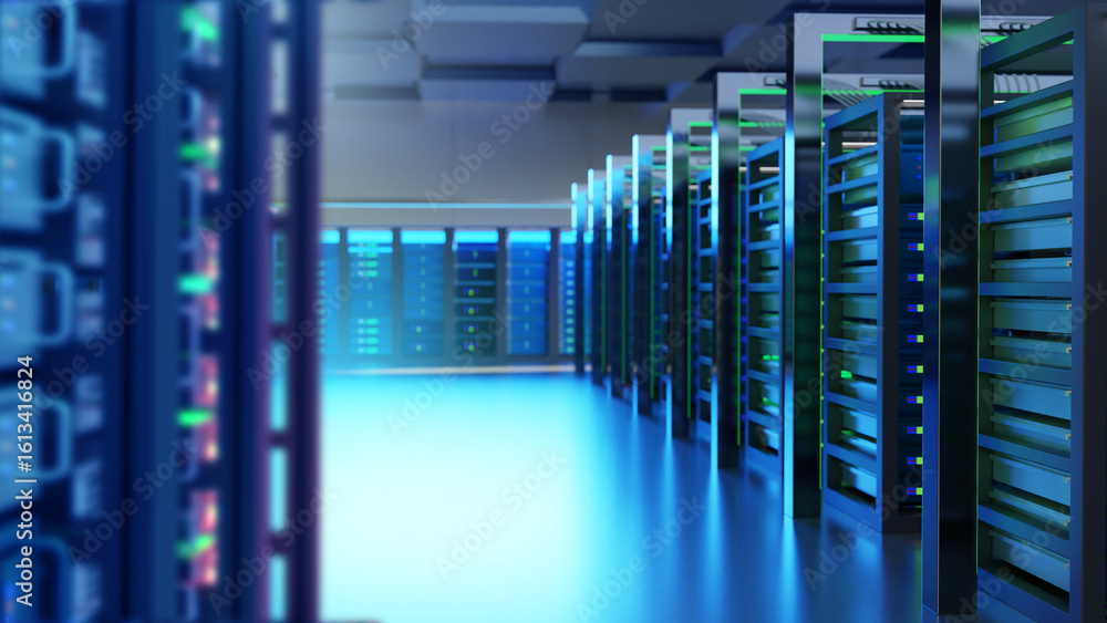 Poster server hardware. data center. server racks glow neon. data center. servers serving artificial intell