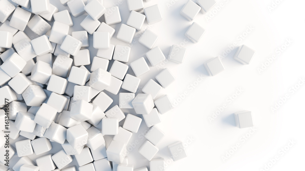 Poster white background. abstract backdrop. white cubes scattered on surface. simple background. minimalist