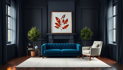 Elegant Living Room with Leaf Art Decor and Blue Velvet Sofa