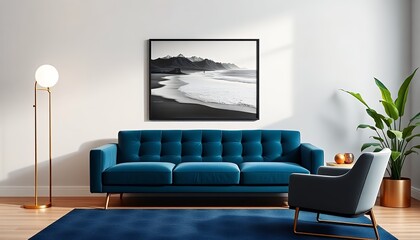 Living Room Interior with Beach Landscape Art and Modern Blue Sofa