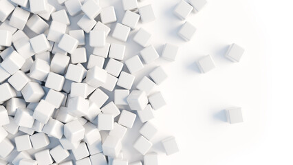 White background. Abstract backdrop. White cubes scattered on surface. Simple background. Minimalist wallpaper. Advertising template background. White geometric backdrop. 3d rendering