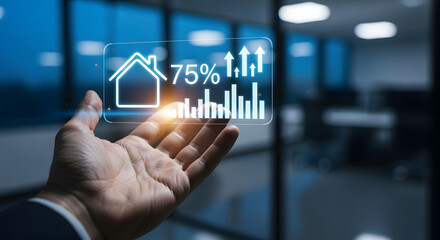 Businessman Hand Holding Digital Data Visualization with Growth Statistics in Modern Office