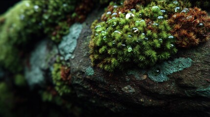 苔に付着した水滴のクローズアップ | Close-up of water droplets on moss