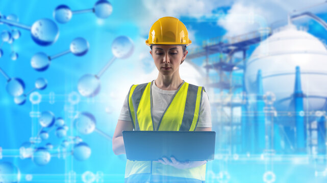 Woman hydrogen power plant manager. Energy technologies. Hydrogen molecules near factory. Modern energy infrastructure builder. Power plant woman manager with laptop in yellow uniform.