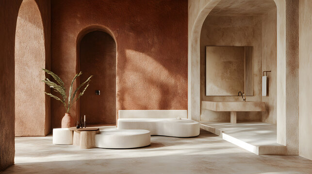 Earthy terracotta and clay bathroom with modern minimalist decor, curved bathtub, natural light, and serene atmosphere