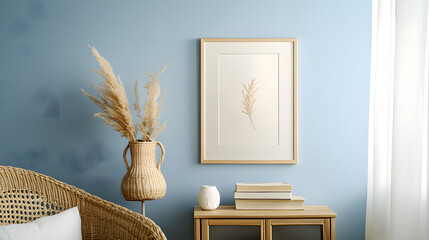 Muted sky blue wall warm ivory decor minimalist modern style rattan chair dried grass cozy serene natural light