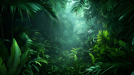Fototapeta premium Lush tropical rainforest with dense green foliage, moody shadows, and sunlight filtering through leaves, creating mysterious atmosphere
