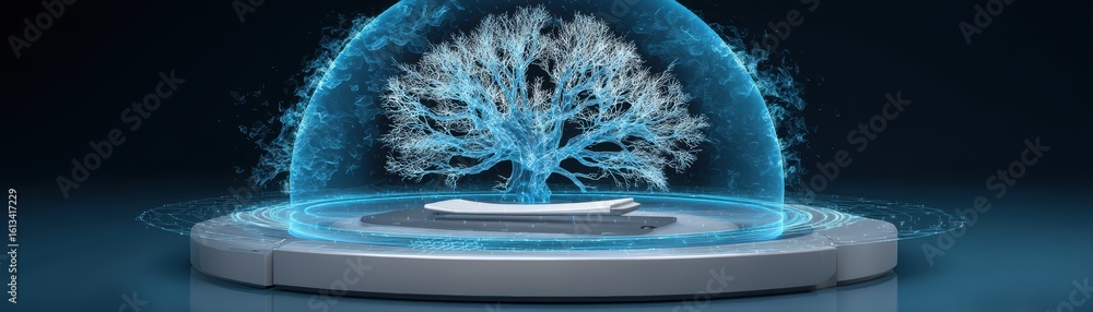 Poster a glowing blue holographic tree is projected inside a circular platform surrounded by digital data a