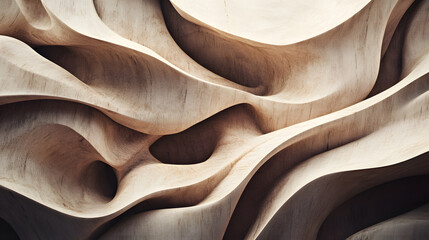 Natural wooden texture with soft neutral tone, abstract carved surface, organic flowing pattern, modern artistic background