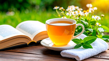 Relaxing with tea and a good book in a serene outdoor setting with natural light.