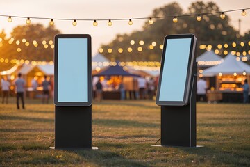 Two blank vertical digital signage kiosks with empty screens for mockup at an outdoor festival during sunset.