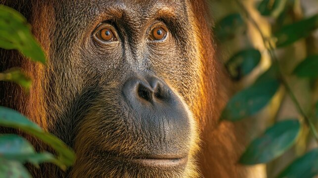 Orangutan Face Close-up with Foliage - Powered by Adobe