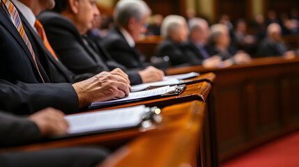 Officials in formal suits at government meeting, hands holding documents and clipboards, focused and professional atmosphere
