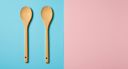 Two wooden spoons arranged vertically on a split blue and pink background