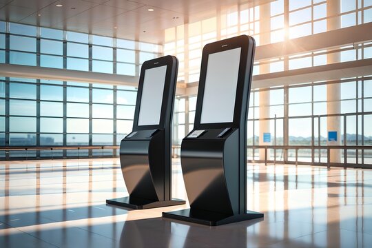 Two modern self-service digital kiosks with blank screens for mockups, standing in a sunlit and spacious airport terminal.
