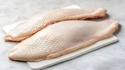 Organic farm raised goose fillet on white cutting board, fresh raw poultry meat, healthy protein, clean eating concept