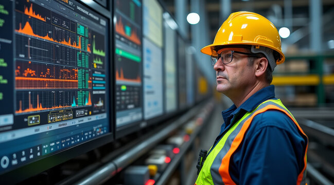 Worker in hard hat observes data on large screens in modern industrial setting, showcasing technology and safety - Powered by Adobe