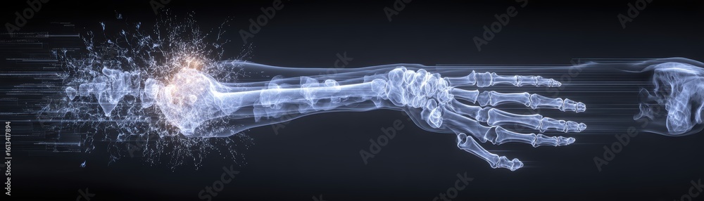 Poster digital illustration of a human arm and hand skeleton extending with a burst of glowing particles an