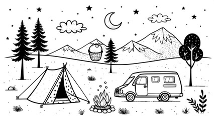 A hand-drawn, black-and-white collection of cozy camping scenes, featuring a tent under stars, a campfire with marshmallows, a camper van, a hammock between trees, and mountain silhouettes. All elemen