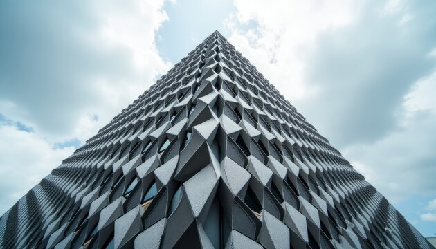 Geometric Ascent Modern Skyscraper Facade with a Striking Mesh Pattern of Triangular Panels Reaching Towards a Cloudy Sky