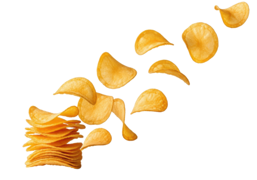Golden, crispy potato chips with irregular shapes and oily sheen, a stack at bottom left, individual chips flying upwards, against a transparent background with bright studio lighting, high-angle
