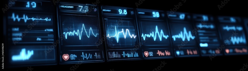 Poster multiple digital monitors display real-time heart rate and vital signs data in a futuristic blue-the