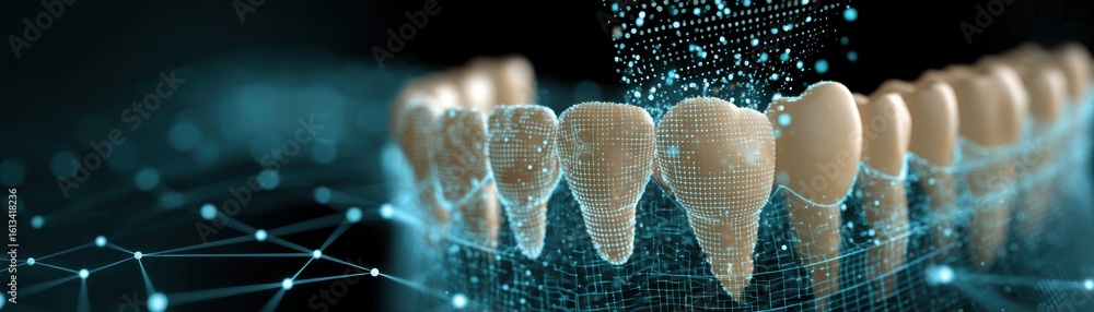 Poster a digital 3d rendering of human teeth showcasing dental structures with a futuristic network and dat