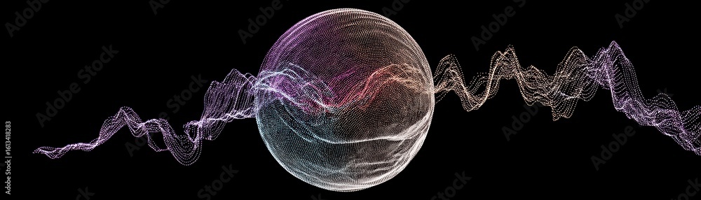 Poster abstract digital art featuring a spherical shape with colorful wave-like lines extending horizontall